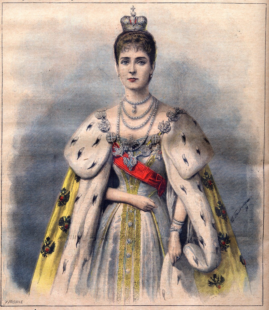 Tsarina Alexandra of Russia في رداء التتويج - Tsarina Alexandra Fiodorovna في زي المقدس. رسم توضيحي لمجلة Le Petit Journal ، ٢٤ مايو ١٨٩٦ (نقش) بواسطة المدرسة الفرنسية