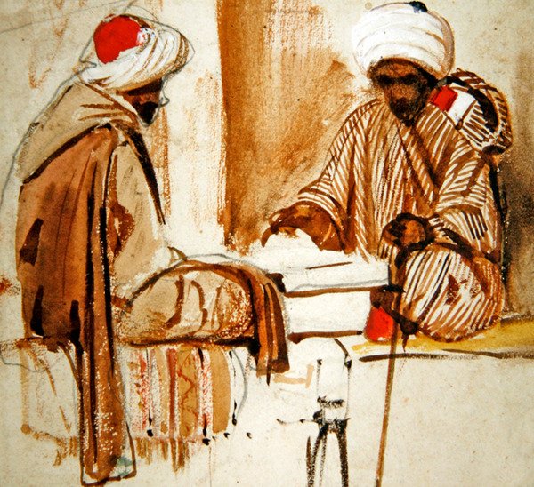 عربان يلعبان لعبة الطاولة بواسطة المدرسة الفرنسية