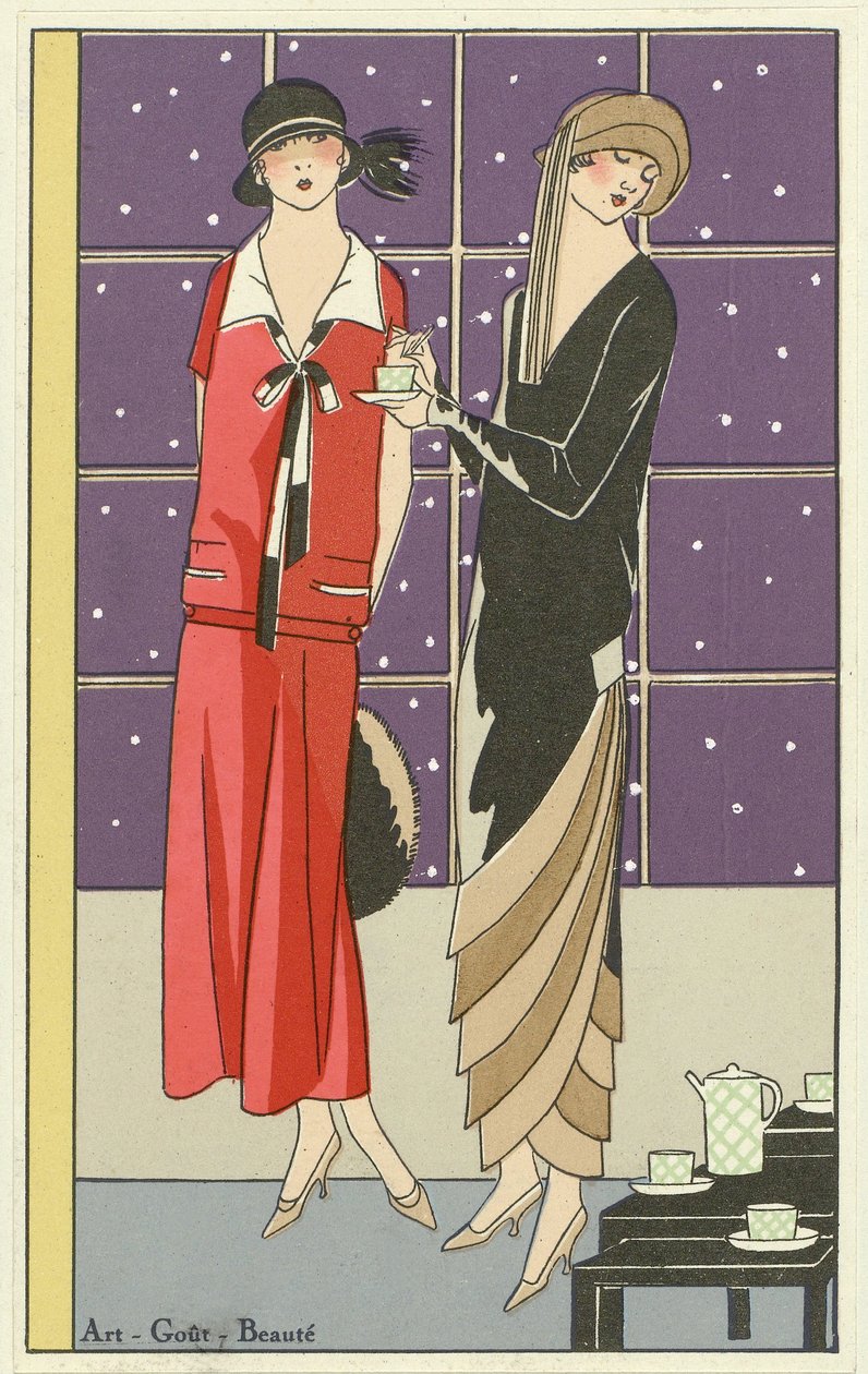 امرأتان تتناولان الشاي وترتديان تصاميم من تصميم جان باتو وبير ، من حانة Art-Goût-Beauté. 1924 بواسطة المدرسة الفرنسية