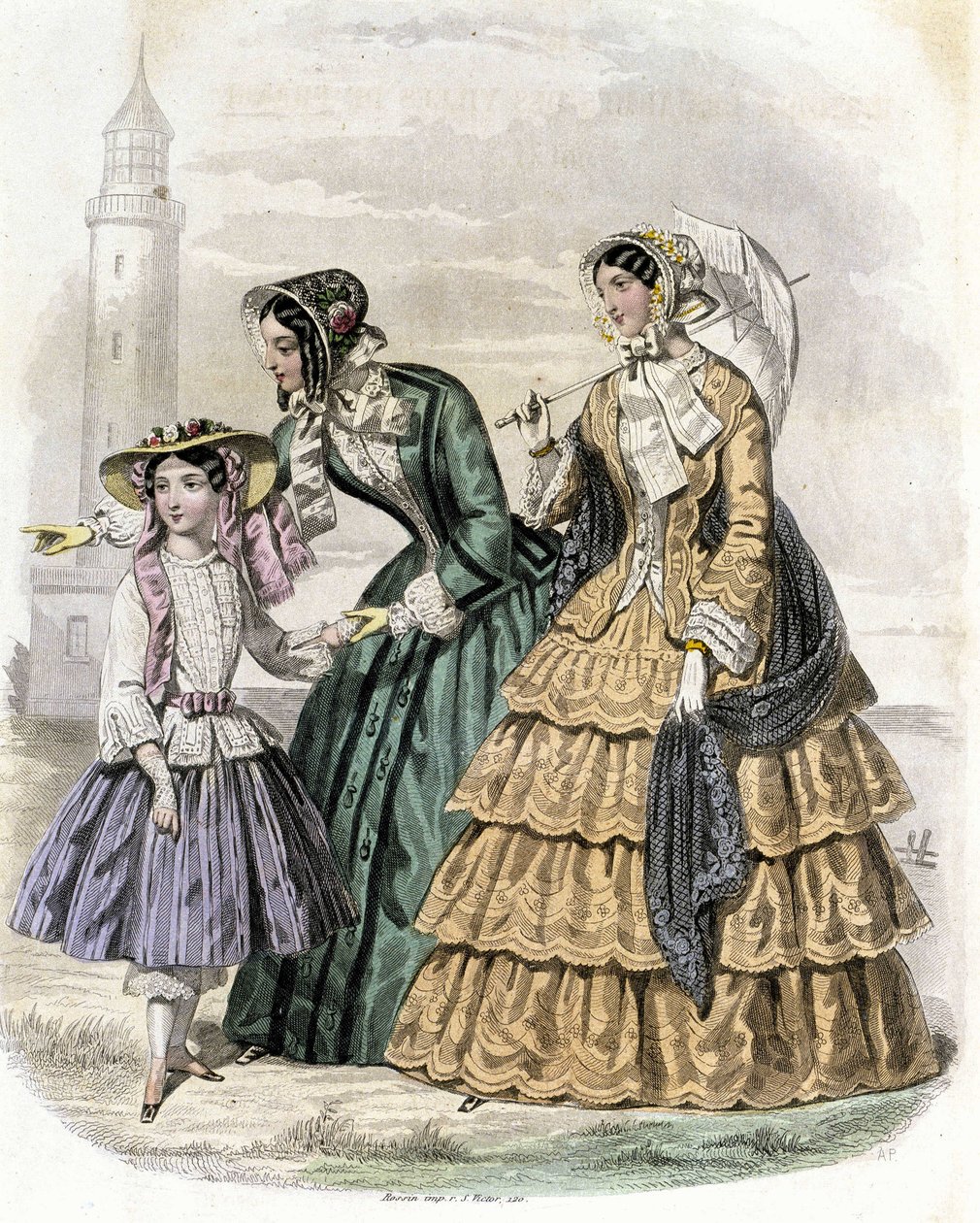 امرأتان مع فتاة في الريف - في “Journal des Demoiselles” ”1852. بواسطة المدرسة الفرنسية