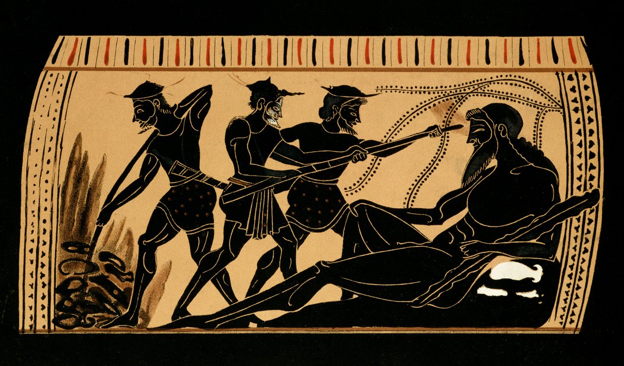 أوليسيس ورفاقه يبتعدون عن عين العملاق Polyphemus ، التوضيح من إناء يوناني عتيق ، 1887 بواسطة المدرسة الفرنسية