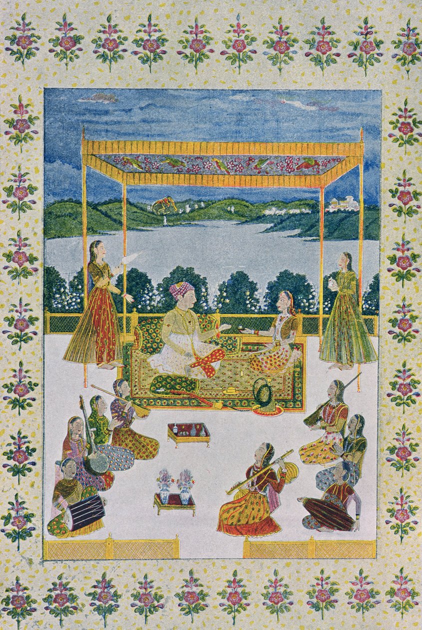 تحت السماء مع الموسيقى والزهور ، رسم توضيحي من الليالي العربية ، 1895 (نقش ملون) بواسطة المدرسة الفرنسية