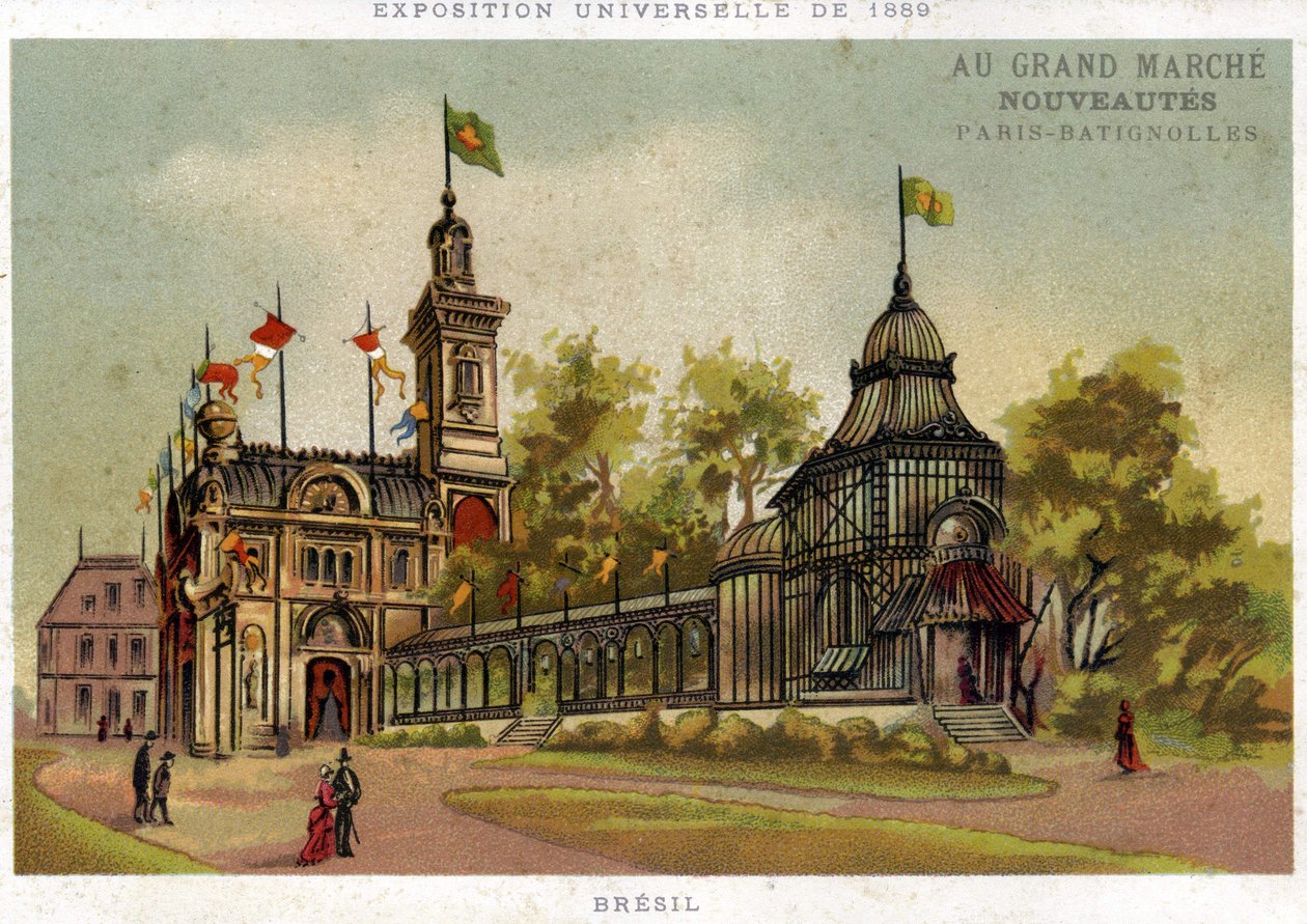 المعرض العالمي 1889. جناح البرازيل. باريس باتينيول. الطباعة الحجرية الملونة في أواخر القرن التاسع عشر. بواسطة المدرسة الفرنسية