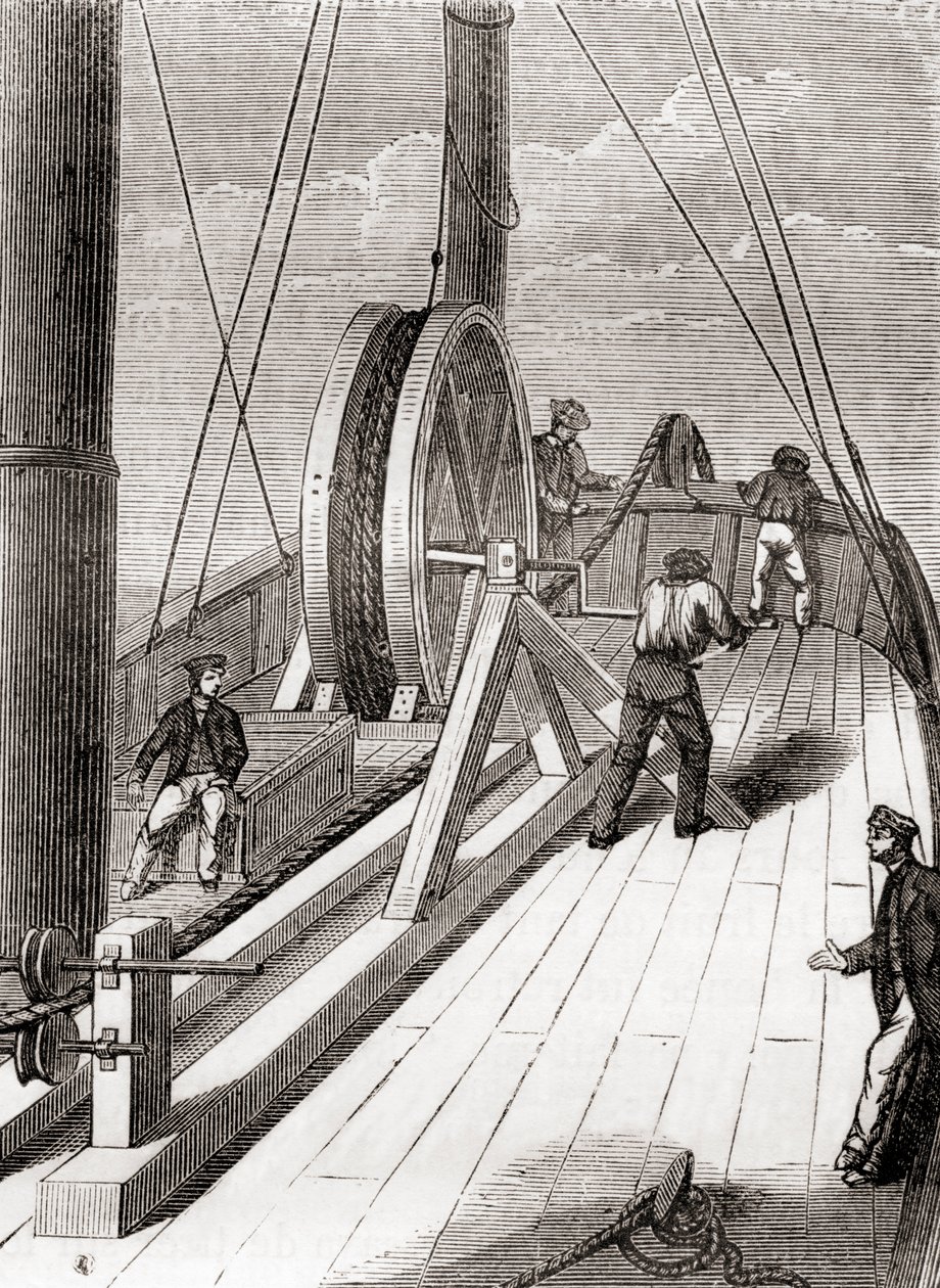 Unwinding the Dover to Calais submarine cable aboard the Blazer, 25 December 1851, from Les Merveilles de la Science, published c.1870 (engraving) بواسطة المدرسة الفرنسية