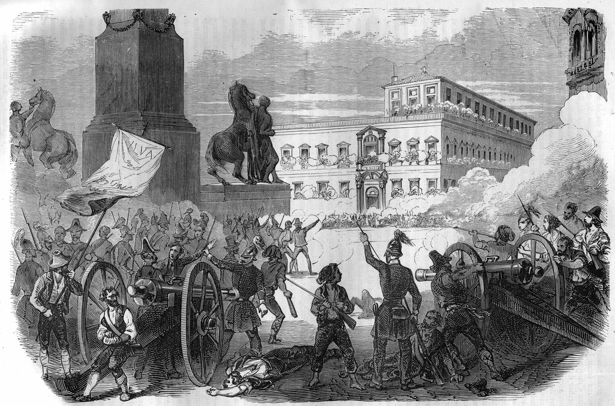 انتفاضة بولونيا: الإطاحة بالحكومة البابوية تحت حكم البابا غريغوار السادس عشر من عام 1831 إلى عام 1846. نقش في "Histoire des Papes-Rois-Queen and Empereurs a travers les years" بقلم موريس لاتشاتر بواسطة المدرسة الفرنسية