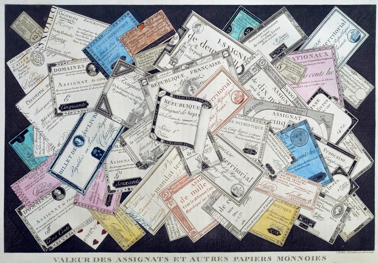 قيمة التخصيصات والعملات الورقية الأخرى خلال الثورة الفرنسية. القرن ال 18. Musee Carnavalet ، باريس - قيمة أوراق السندات والعملات الأخرى في ظل الثورة الإنجليزية. نقش بواسطة المدرسة الفرنسية