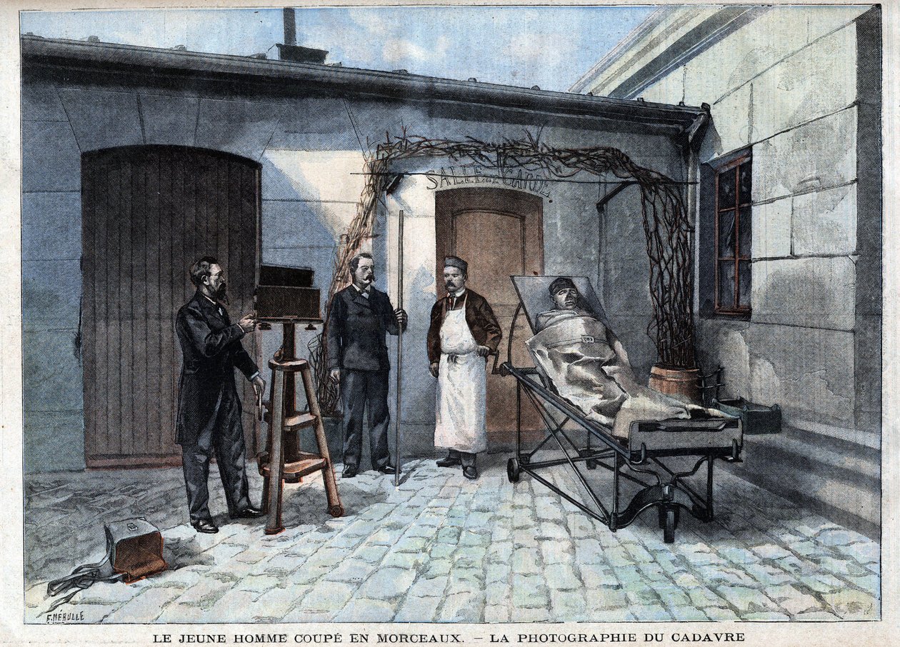 حقائق مختلفة: صورة الجثة مقطوعة إلى قطع بواسطة خدمة ألفونس بيرتيلون (1853-1914) ، عالم فرنسي ، مبتكر قياس الأنثروبومترية. - في "" Le Petitle Parisien "" بواسطة المدرسة الفرنسية