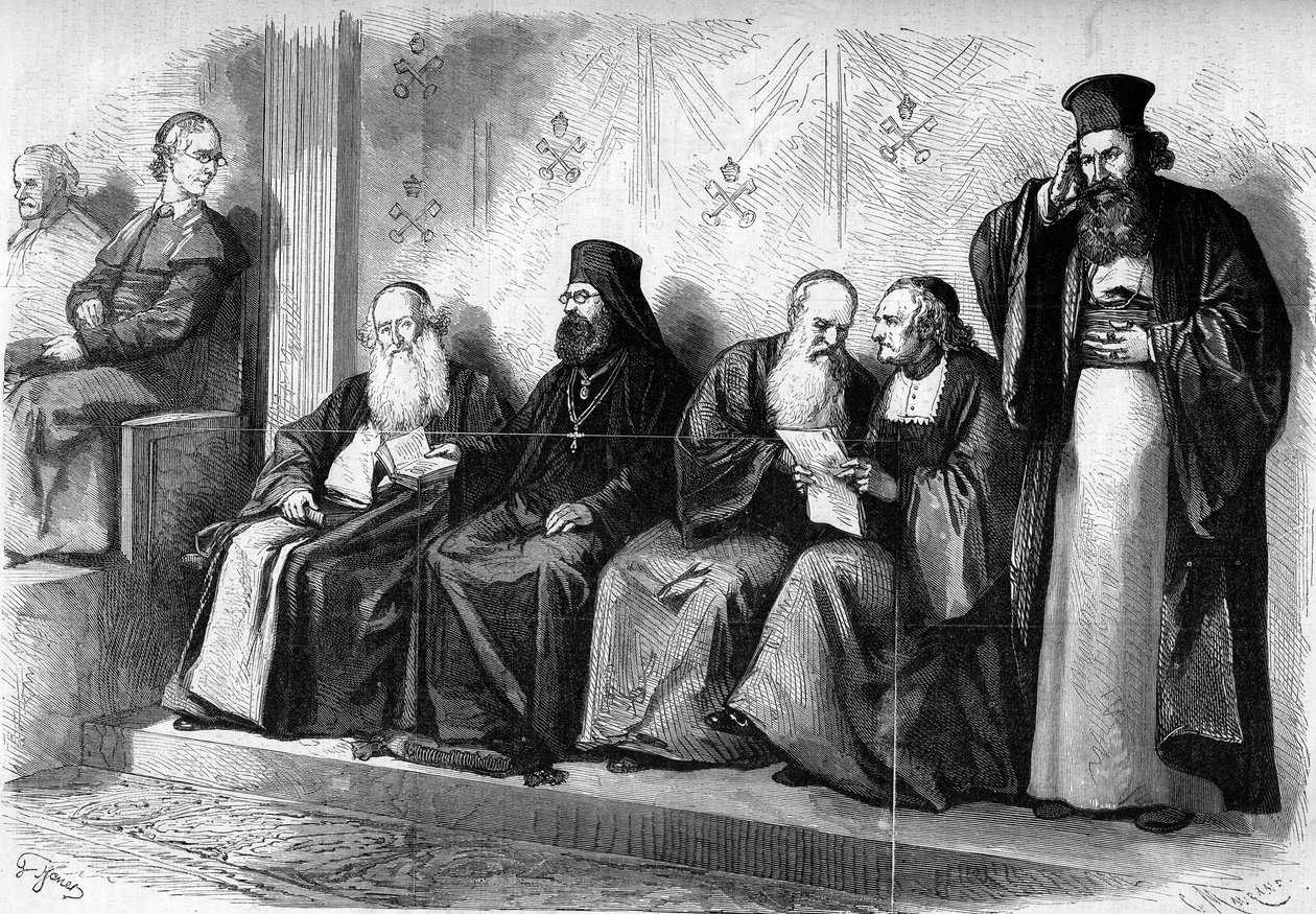 المجمع الفاتيكاني 1 (1869-1870): البطاركة والأرشيمندريتين خلال لقاء ما قبل السينودس في كنيسة سيستين في روما. ديسمبر ١٨٦٩. نقش في "" Le Monde Illustré "" رقم ٦٦٢ بتاريخ ١٩ ديسمبر ١٨٦٩. بواسطة المدرسة الفرنسية
