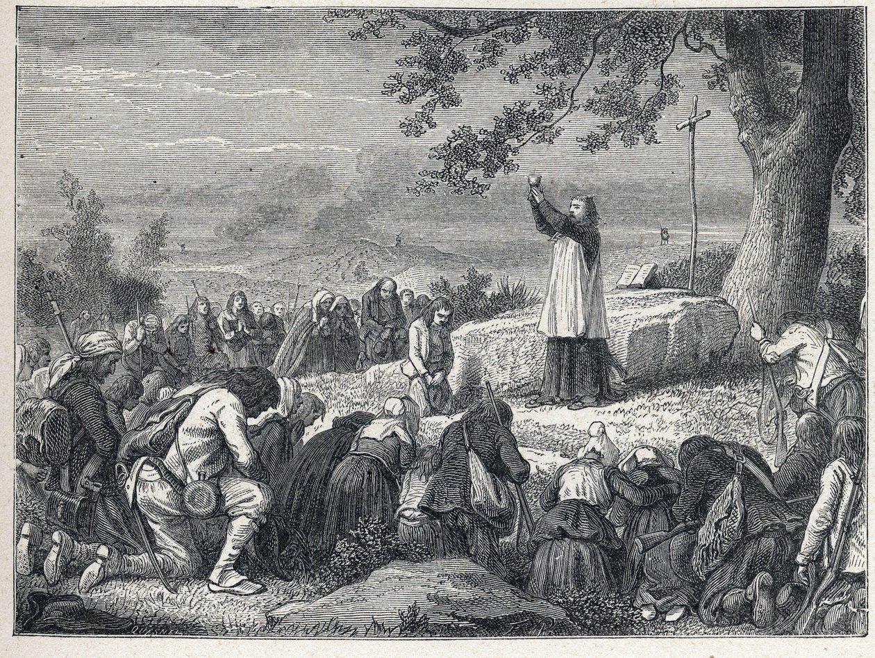 Vendee Wars (1793-1796): يُدرج الكاهن قداسًا تحت شجرة البلوط للسكان المتمردين الذين يرفضون الكهنة المحلفين. نقش من عام 1889. مجموعة خاصة. بواسطة المدرسة الفرنسية