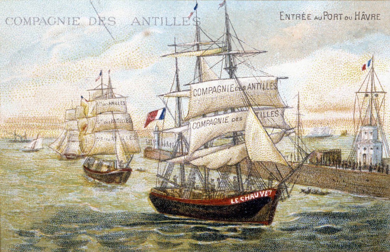 Vessels of the company of the West Indies in the port of Le Havre. 19th century illustration preserved at the municipal library of Dinan. بواسطة المدرسة الفرنسية