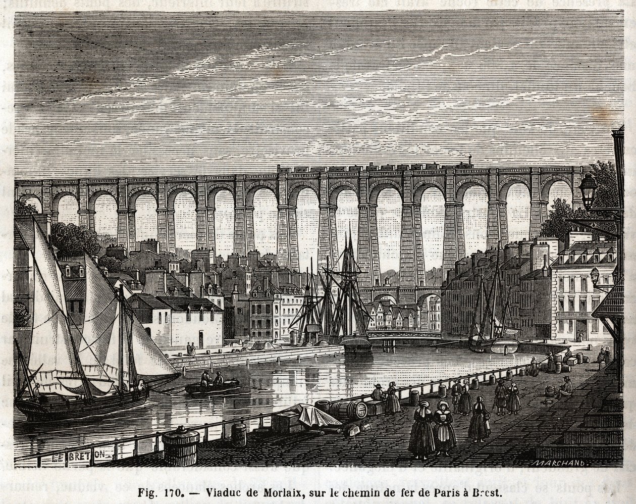 Viaduct de Morlaix ، على خط السكة الحديد من باريس إلى بريست (فرنسا). نقش ليبرتون ومارشاند ، في "" Les Merveilles de la Science "" للويس فيغير (1819-1894) ، إصدار Jouvet et Cie بواسطة المدرسة الفرنسية