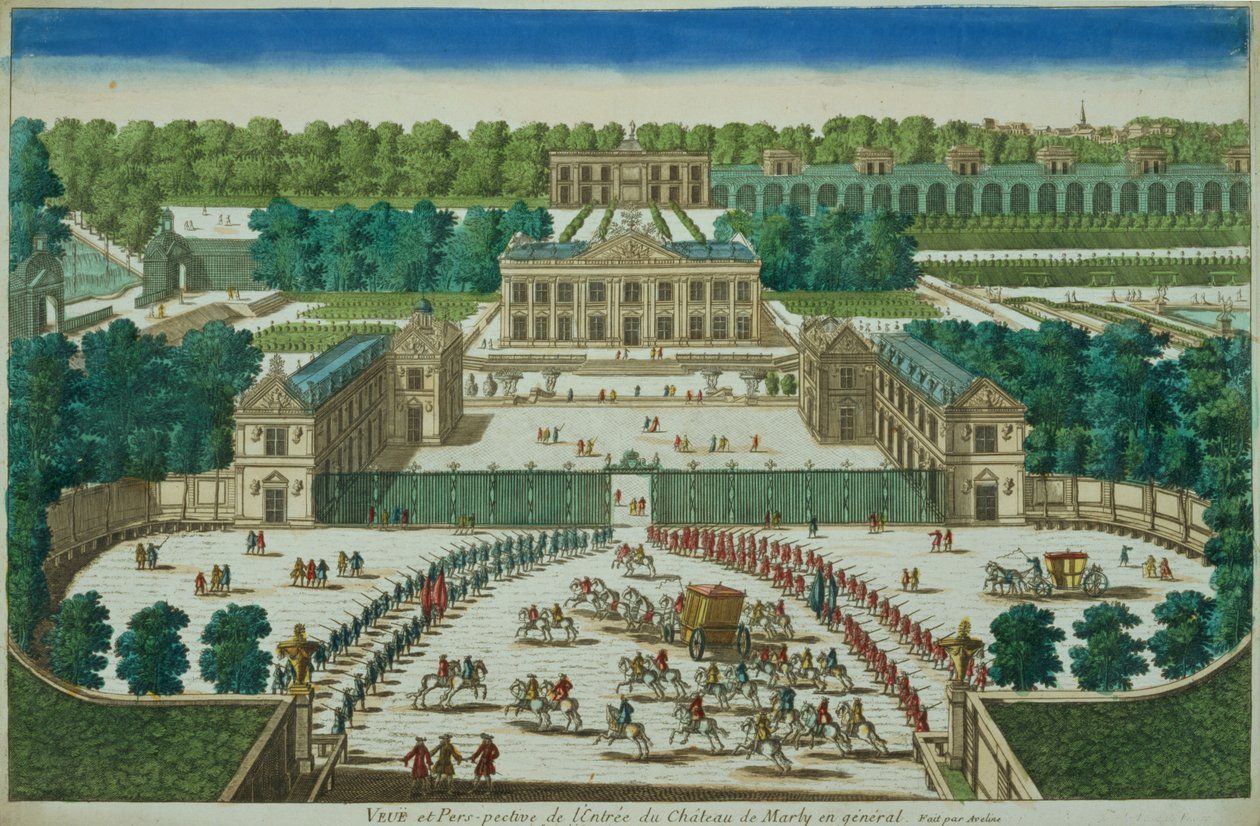 منظر ومنظور مدخل قصر مارلي ، نقش عليه أنطوان أفلين (1691-1743) بواسطة المدرسة الفرنسية