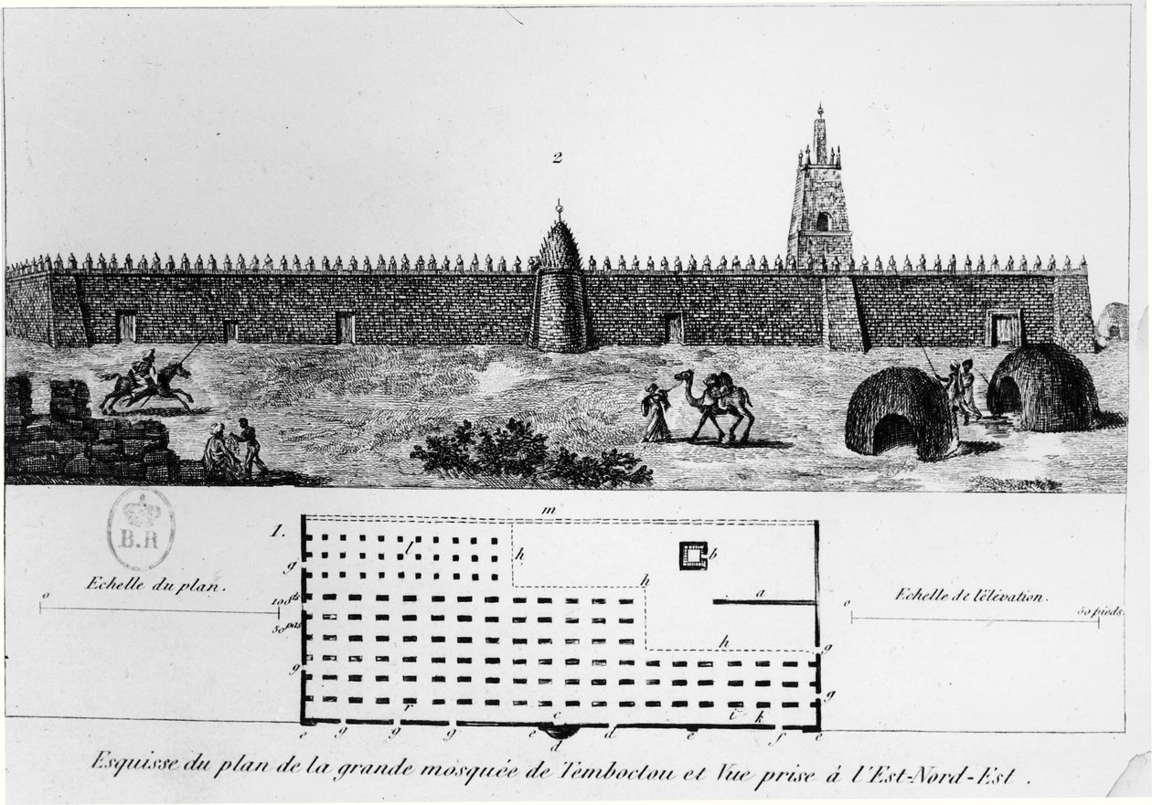 منظر وخطة المسجد الكبير في تمبكتو ، من Journal dun voyage a Tombouctou بقلم رينيه كايلي (1799-1838) ، 1830 بواسطة المدرسة الفرنسية