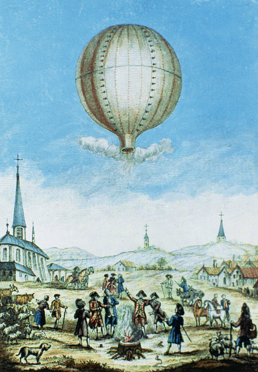 منظر لـ Annonay في Vivarais وأول رحلة لأخوة Montgolfier بالون الهواء الساخن عام 1783 (نقش الألوان) بواسطة المدرسة الفرنسية