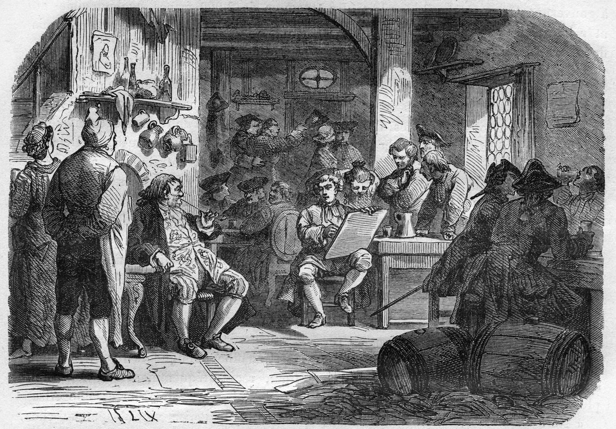 منظر لـ Cabaret des Porcherons في باريس. نقش في "تاريخ الدعارة والفجور بين جميع شعوب العالم من العصور القديمة وحتى يومنا هذا" للدكتور ث. -F. ديبريه. 1879. بواسطة المدرسة الفرنسية