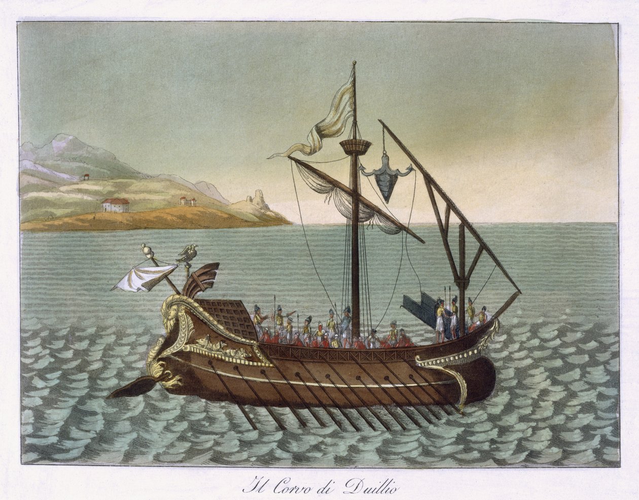 منظر لـ Corvus ، Naval Crane ، مستخدم بواسطة G. Duillus ، 1796 بواسطة المدرسة الفرنسية
