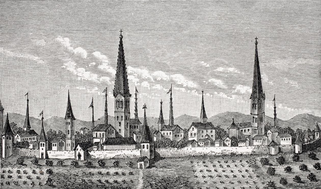 منظر لدورتموند ، بعد نقش نحاسي في "Theatrum Geographicum" بقلم بيرتيوس ، من "Le Moyen Age et la Renaissance" بواسطة Paul Lacroix (1806-84) نشر عام 1847 بواسطة المدرسة الفرنسية