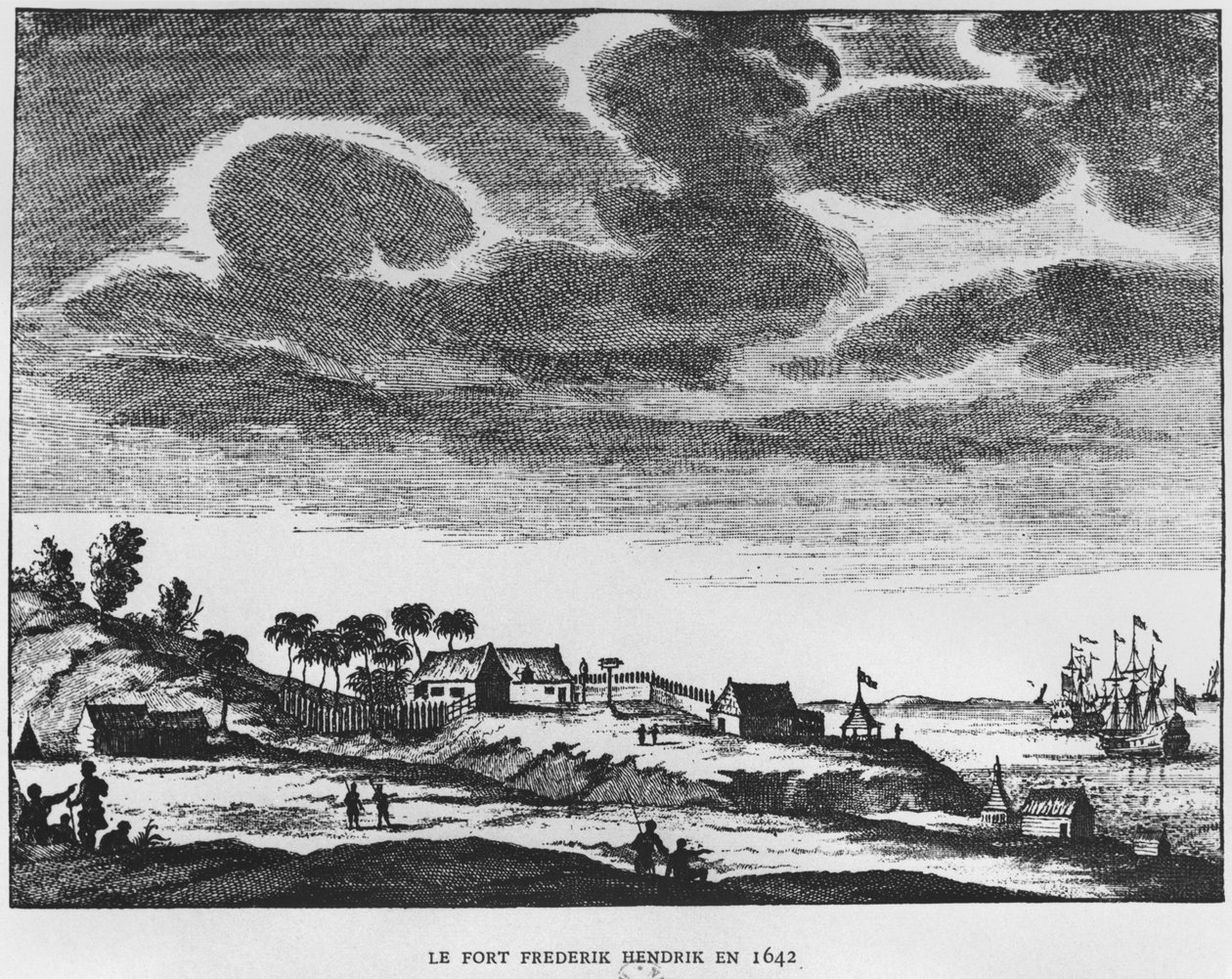 منظر لحصن فريدريك هندريك ، موريشيوس ، عام 1642 ، رسم توضيحي من Le Premier Etablissement Neerlandais a Maurice بواسطة الأمير رولاند بونابرت (1858-1924) 1890 بواسطة المدرسة الفرنسية