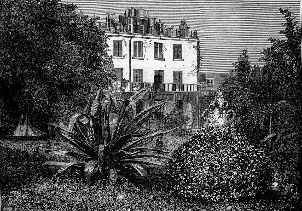 منظر لمنزل Hauteville (Hauteville-House) ، مقر إقامة فيكتور هوغو أثناء منفاه في جزيرة غيرنسي. النقش في "" العالم المصور "" رقم 1249 بتاريخ 5 مارس بواسطة المدرسة الفرنسية