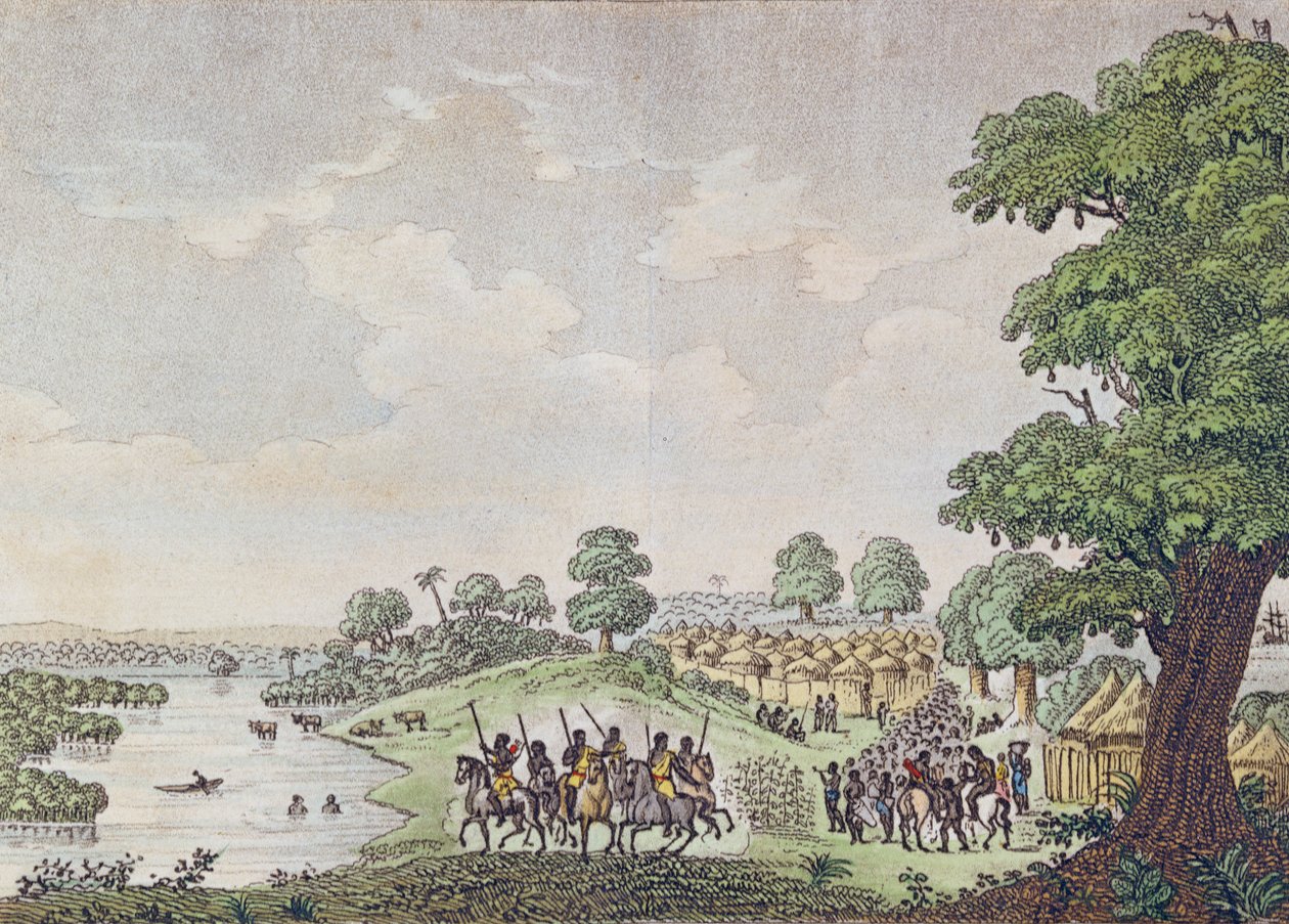 منظر لجوال ، ميناء التجارة في مملكة سين ، السنغال ، c.1810 بواسطة المدرسة الفرنسية