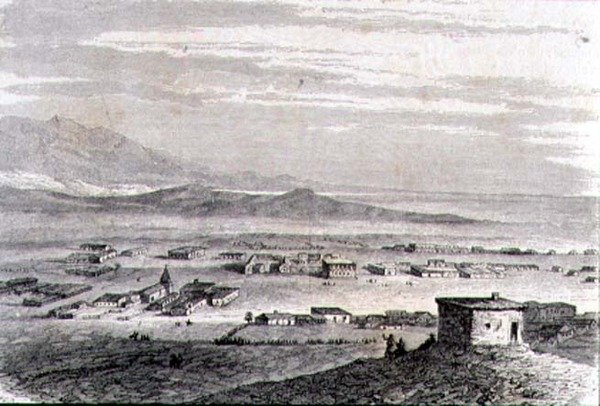 منظر لوس أنجلوس في ستينيات القرن التاسع عشر (نقش) بواسطة المدرسة الفرنسية