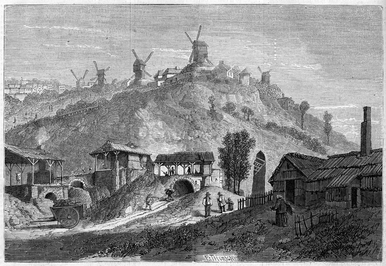 منظر لمونمارتر عام 1859 ، قبل الانضمام إلى مدينة باريس عام 1860. منظر مأخوذ من سهل سانت دينيس. نقش في "" Le Monde Illustré "رقم 141 بتاريخ 24 ديسمبر 1859. بواسطة المدرسة الفرنسية