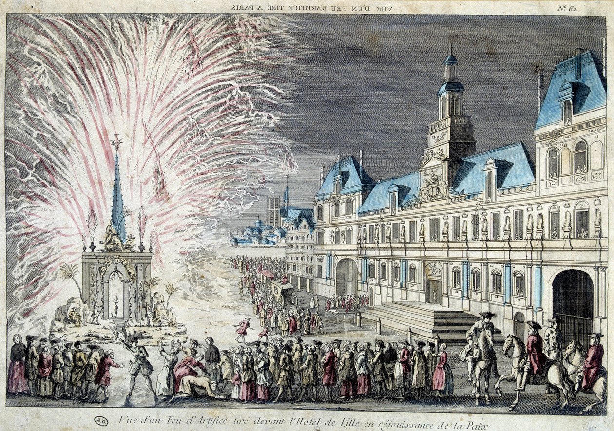 View of a fireworks shot in front of the Town Hall in reenjoyment of Peace بواسطة المدرسة الفرنسية