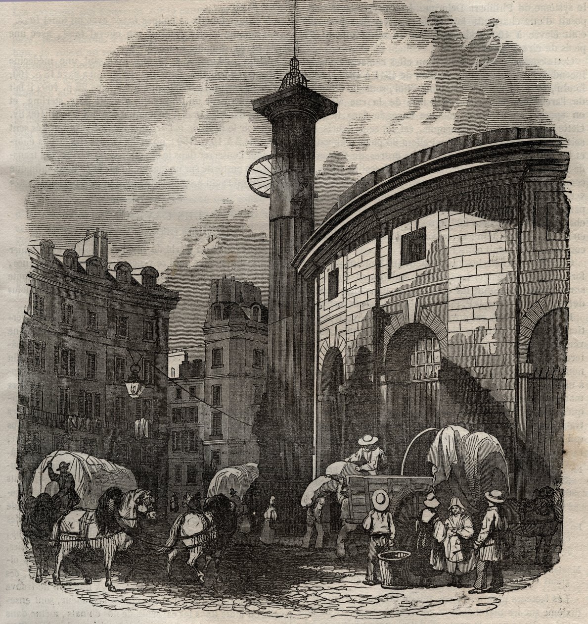 منظر هالي أو بلي في باريس (بني في 1763-1769) وعمود ميديشي ، نقش بداية القرن التاسع عشر - تبادل القمح والذرة في باريس (بني في 1763-1769) ، نقش أوائل القرن التاسع عشر - منظر هالي أوبل ، يقع في فندق de Sois الحالي بواسطة المدرسة الفرنسية