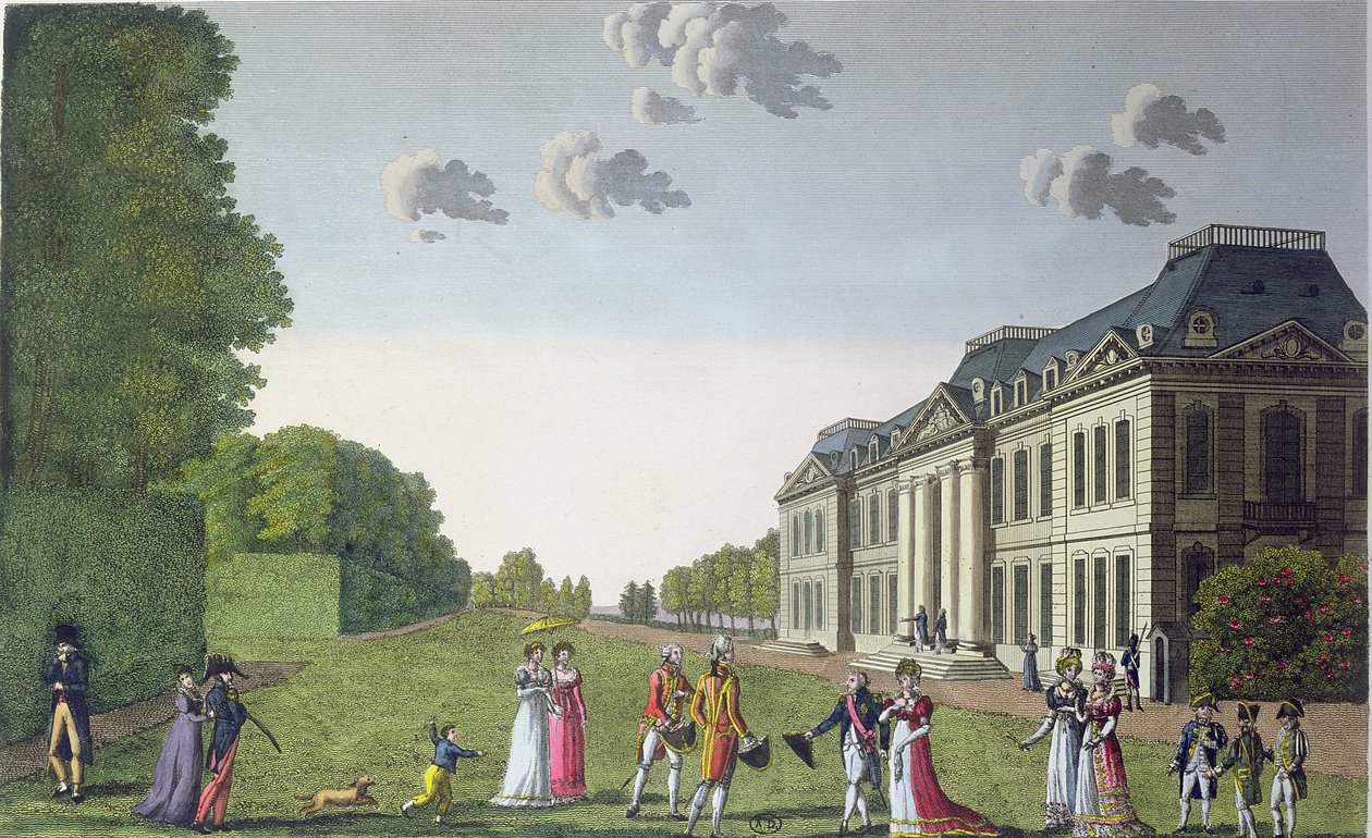 منظر لشاتو دي بلفيو من الحديقة ، c.1820 (نقش الألوان) بواسطة المدرسة الفرنسية