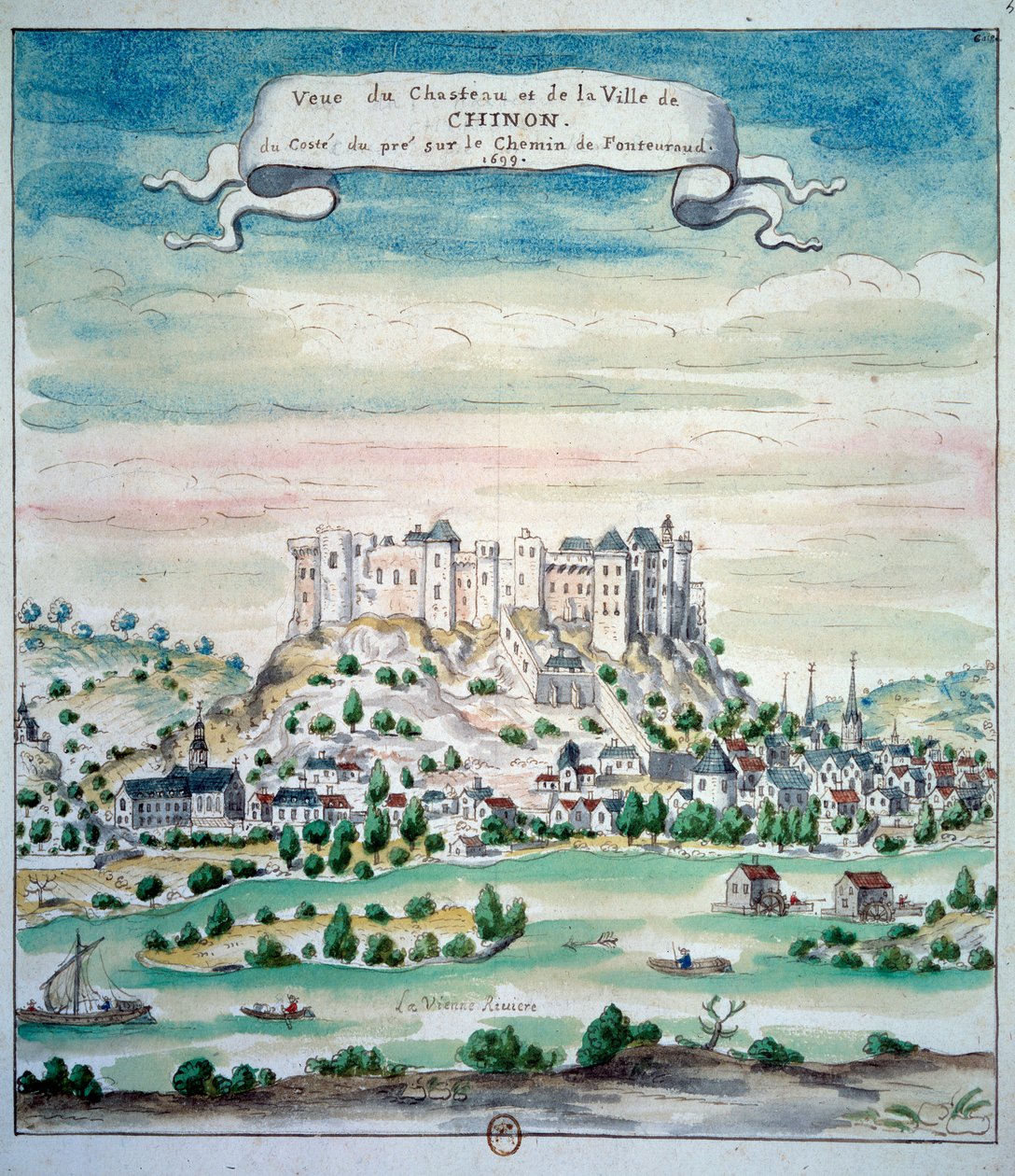 View of the Chateau de Chinon Watercolour from the French school. 1699 Paris, B.N. بواسطة المدرسة الفرنسية