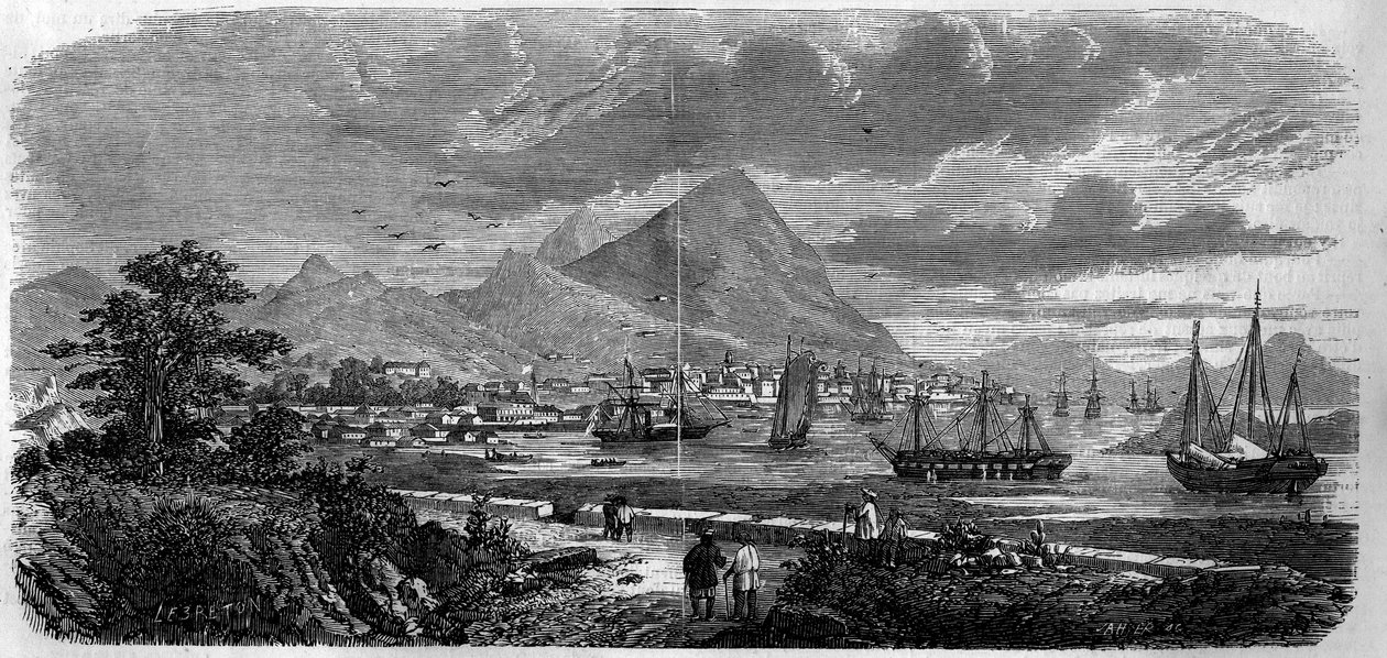 منظر لمدينة هونج كونج (هونج كونج) (جزيرة كانتون باي) عام 1857. نقش في "" لوموند إليستري "" رقم 29 بتاريخ 31 أكتوبر 1857. بواسطة المدرسة الفرنسية
