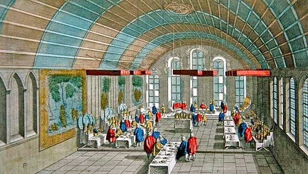 منظر للعشاء الذي أقيم للإمبراطور وناخبي ساكسونيا عام 1758 في دار البلدية في فرانكفورت ، ألمانيا (نقش ملون) بواسطة المدرسة الفرنسية