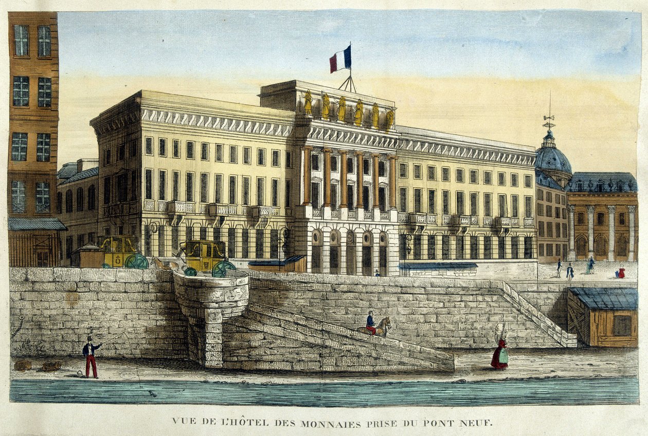 منظر لـ Hotel des Monnins مأخوذ من Pont Neuf - نقش ، بداية القرن التاسع عشر بواسطة المدرسة الفرنسية