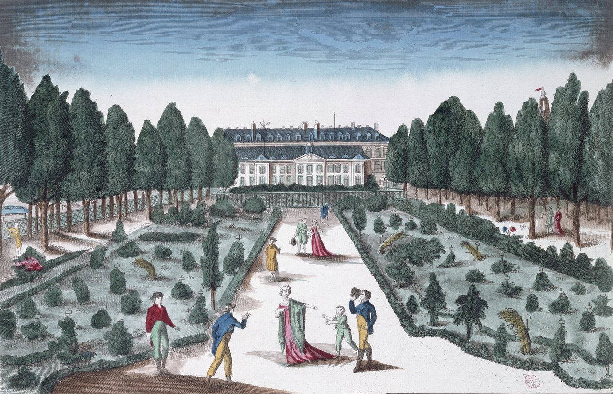 منظر لـ Jardin des Plantes ، من السور بالقرب من نهر السين (نقش ملون) بواسطة المدرسة الفرنسية