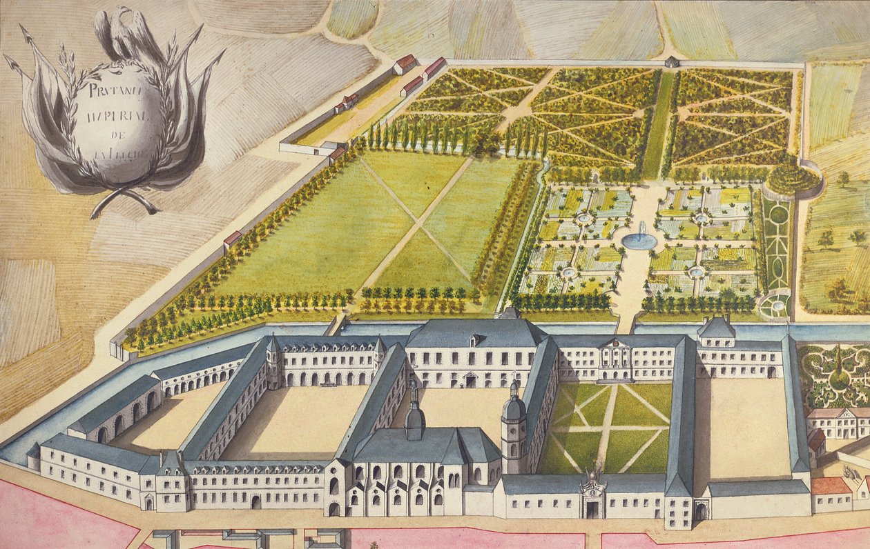 منظر من Prytanee Imperial ، الكلية اليسوعية سابقًا في La Fleche ، c.1810 (مرحاض) بواسطة المدرسة الفرنسية