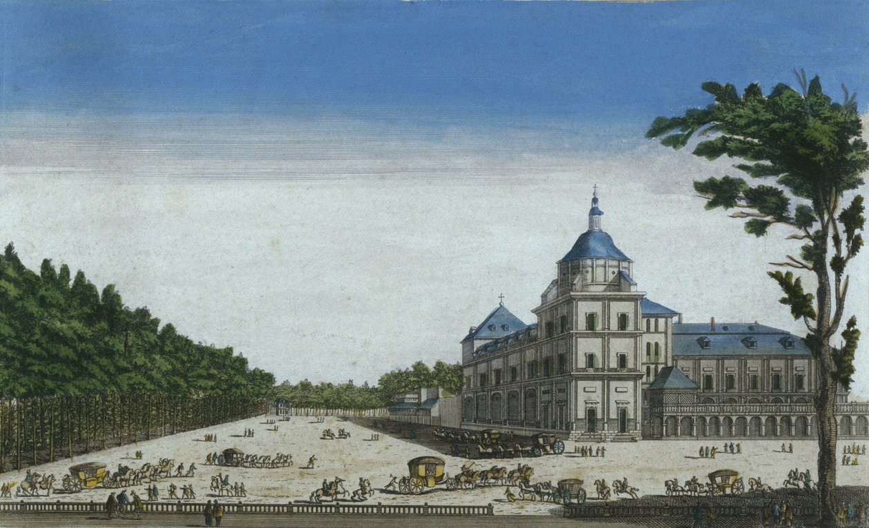 ِحظ، بسبب، القصر الملكي، بسبب، aranjuez، اسبانيا.، (color، engraving) بواسطة المدرسة الفرنسية