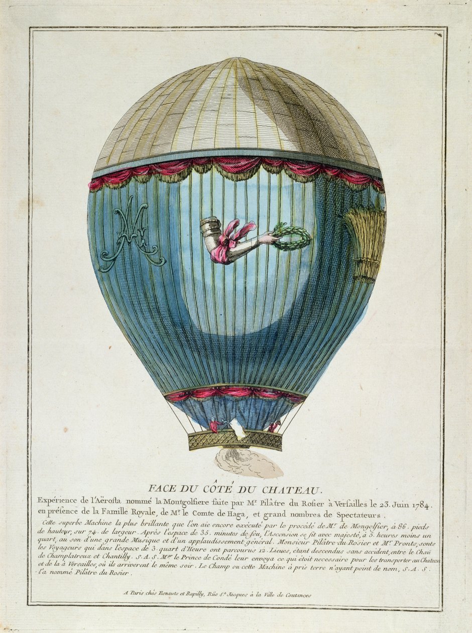 منظر للبالون استخدمه فرانسوا Pilatre de Rozier (1754-85) في فرساي في 23 يونيو 1784 بواسطة المدرسة الفرنسية