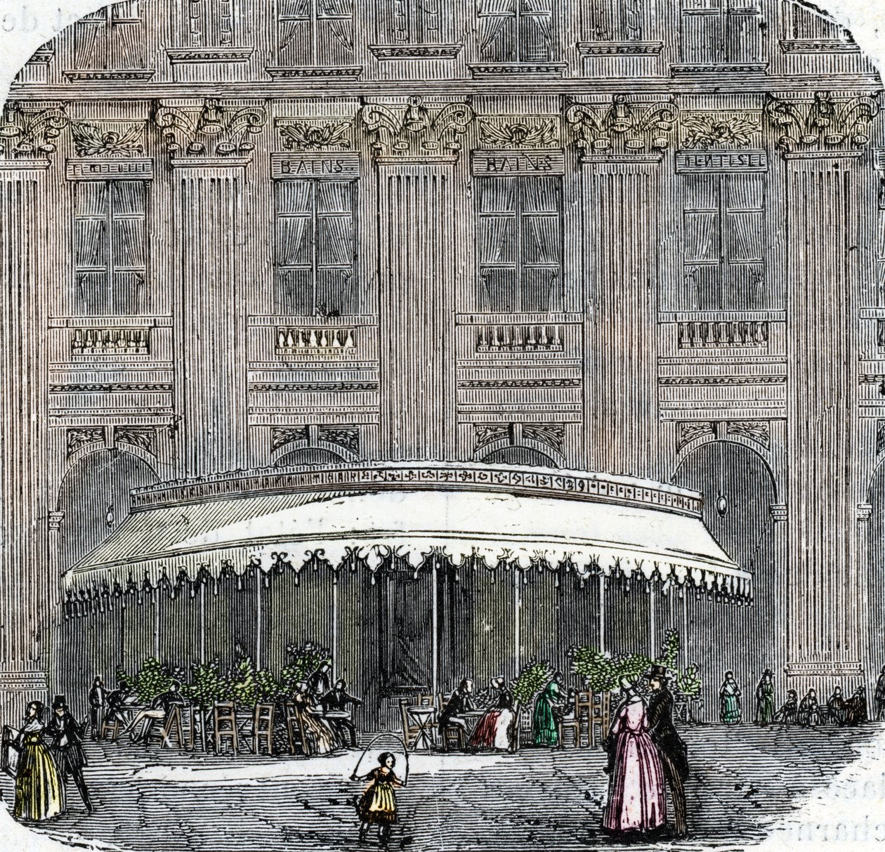 منظر لمقهى دو لا روتوند في القصر الملكي في باريس حوالي عام 1860 (نقش ملون) بواسطة المدرسة الفرنسية