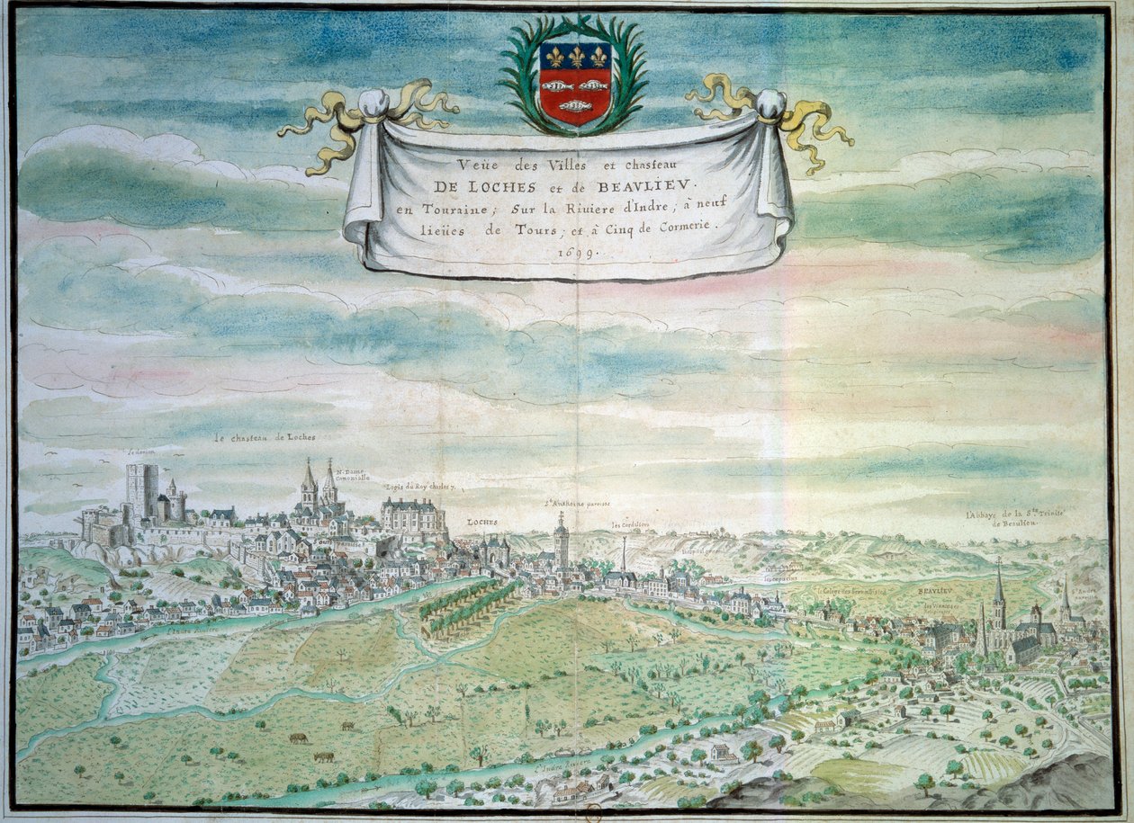 منظر لقلعة Loches View of Beaulieu les Loches في Indre و Loire. لوحة مائية من المدرسة الفرنسية. 1699 باريس ، بن بواسطة المدرسة الفرنسية