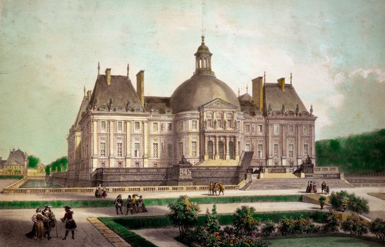 منظر لقلعة Vaux le Visomte (Vaux-le-Vicomte) في مينسي (Seine-et-Marne) ، تم بناؤها حوالي عام 1658. مطبوعات من القرن التاسع عشر مجموعة خاصة بواسطة المدرسة الفرنسية