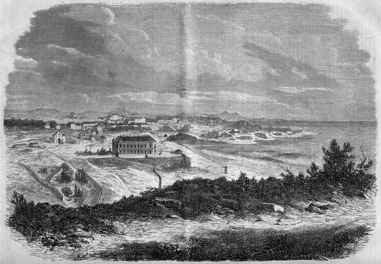 منظر لمدينة بياريتز ، Pyrenees Atlantic (64) عام 1858. نقش في "" Le Monde Illustré "" رقم 75 بتاريخ 18 سبتمبر 1858. بواسطة المدرسة الفرنسية