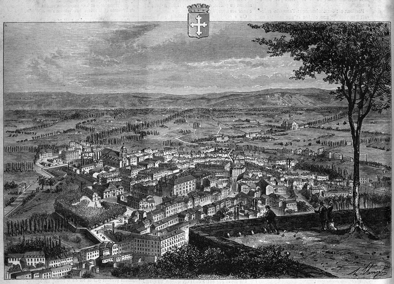 View of the city of Bourg in the Ain. Engraving from 1880 in “La republique illustree”” private collection. بواسطة المدرسة الفرنسية