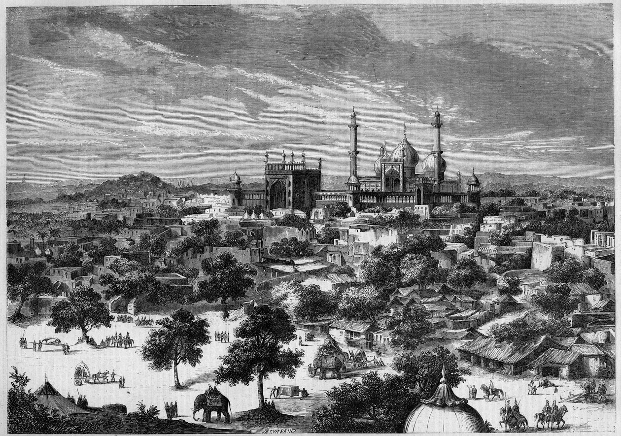 منظر لمدينة دلهي (الهند) عام 1857. من رسم تخطيطي للأمير أليكسيس سولتيكوف. نقش برتراند في "" Le Monde Illustré "" رقم 20 بتاريخ 29 أغسطس 1857. بواسطة المدرسة الفرنسية