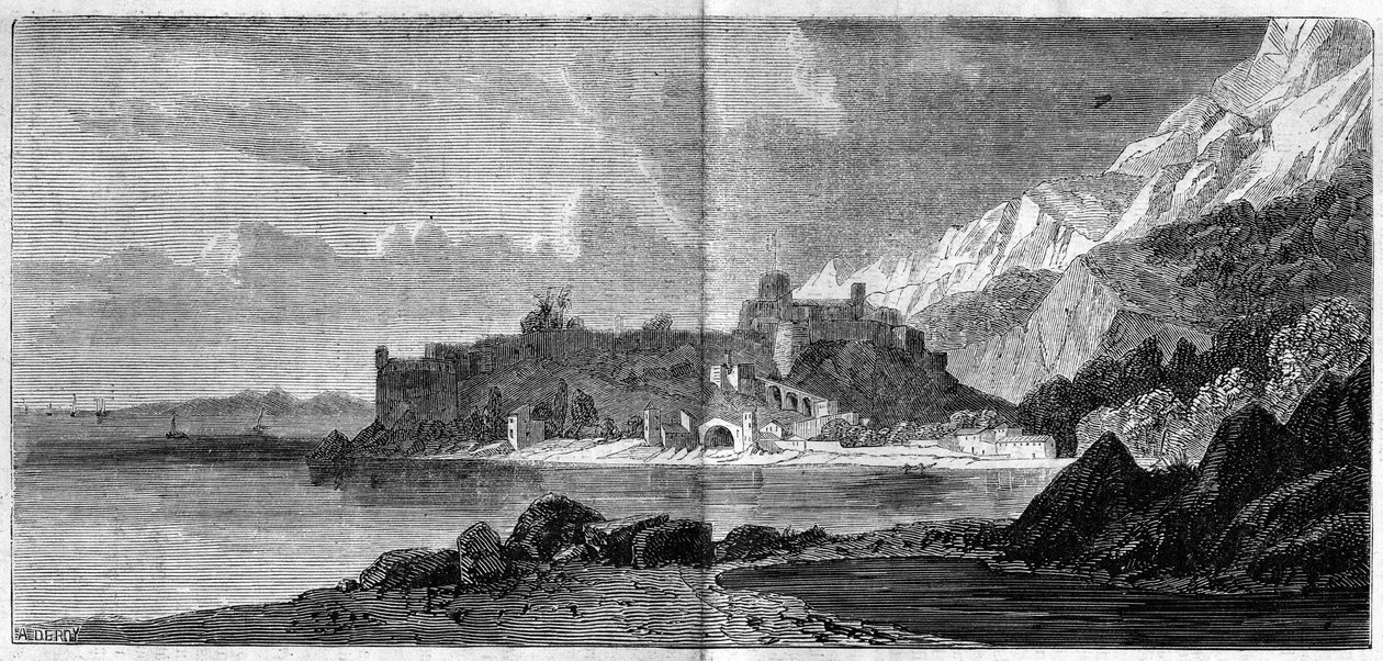 منظر لمدينة موناكو عام 1860. نقش في "" العالم المصور "رقم 157 بتاريخ 14 أبريل 1860. بواسطة المدرسة الفرنسية