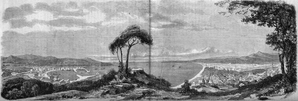 منظر لمدينة نيس عام 1860. نقش في "" العالم المصور "رقم 157 بتاريخ 14 أبريل 1860. بواسطة المدرسة الفرنسية
