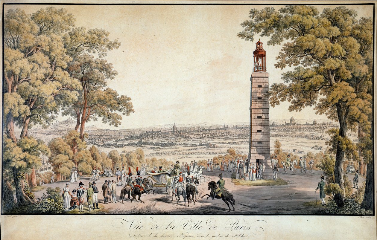منظر لمدينة باريس ، مأخوذ من الفانوس أو "فانوس ديموستين" في بارك سان كلاود. الإمبراطور نابليون الأول هو ممثل يمشي في الحدائق ، يشير المصباح الخفيف إلى وجود الإمبراطور. ليثوجراف من القرن التاسع عشر بواسطة المدرسة الفرنسية