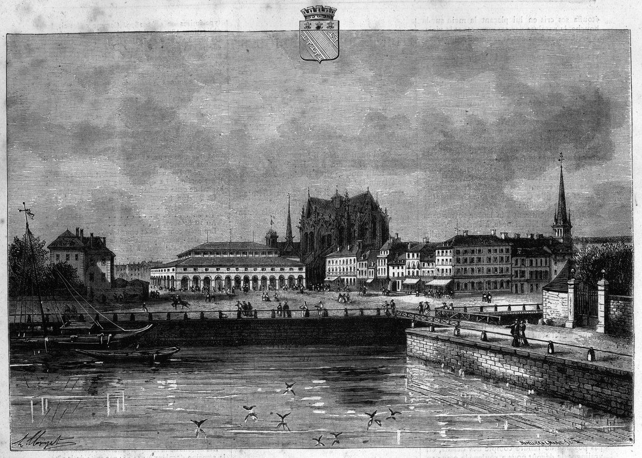 منظر لمدينة تروا في الفجر. نقش من عام 1880 في المجموعة الخاصة "La republique illustree". بواسطة المدرسة الفرنسية