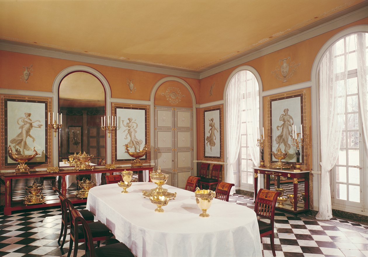 منظر لغرفة الطعام مع لوحات جدارية على طراز بومبيان من تصميم لويس لافيت (1770-1828) بواسطة المدرسة الفرنسية