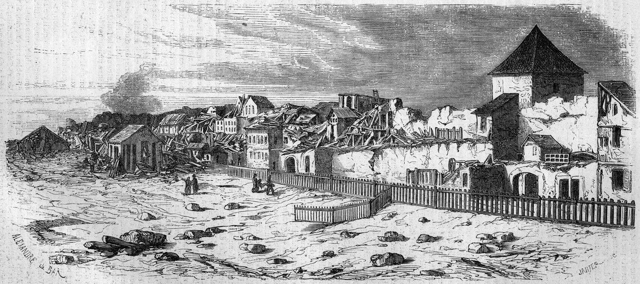 منظر لمقاطعة مدينة كاستريش ، في ماينز (ألمانيا) ، بعد انفجار برميل البارود عام 1857. من إحدى الصور الفوتوغرافية. نقش في "" Le Monde Illustré "" رقم 36 بتاريخ 19 ديسمبر 1857. بواسطة المدرسة الفرنسية