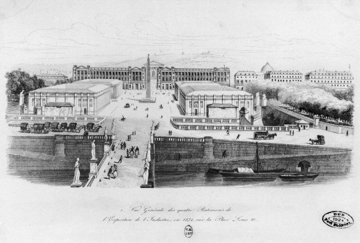 منظر للمباني الأربعة لمعرض الصناعة في باريس ، مكان لويس الخامس عشر ، 1834 بواسطة المدرسة الفرنسية